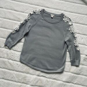 J. Crew Flowered Sleeve Sweatshirt Grey Cotton Quarter Sleeves Size XS